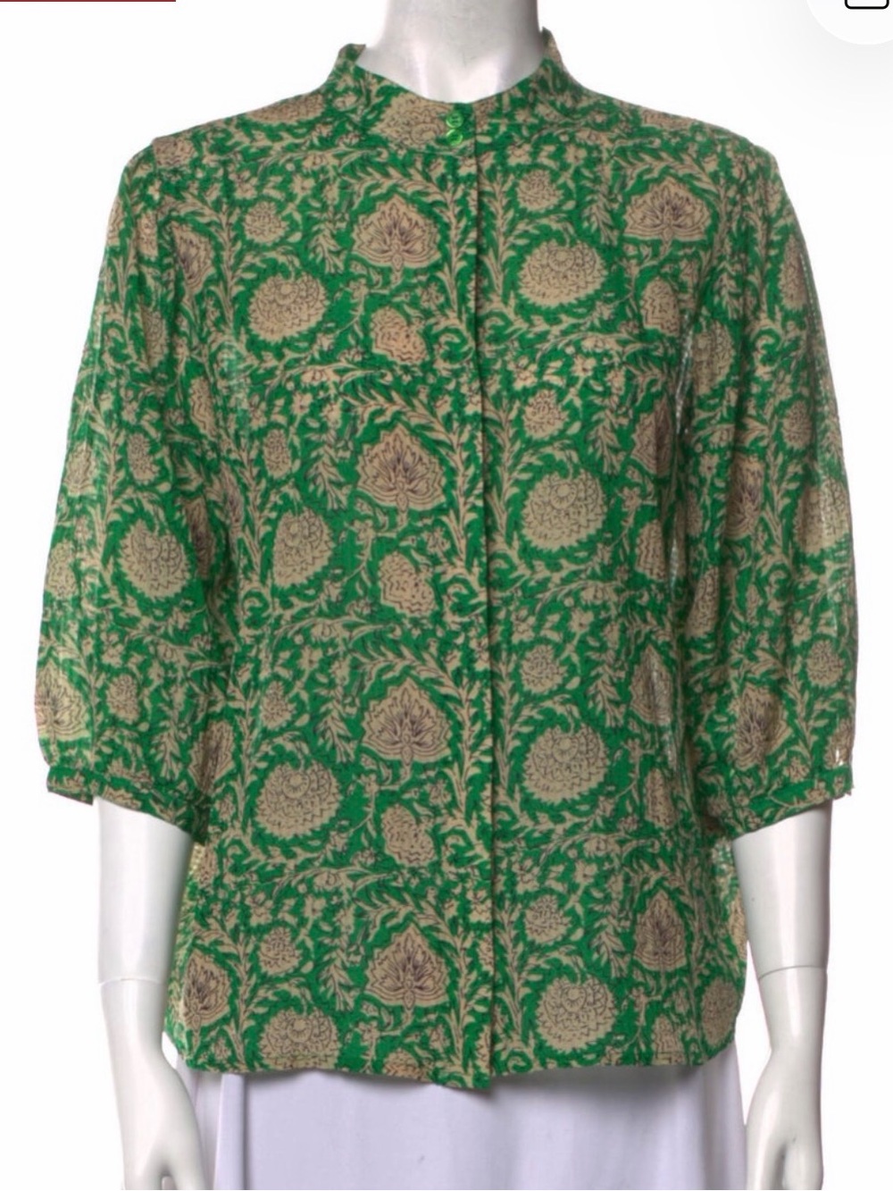 BA&SH Green Floral Print Mock Neck Blouse - 3/4 Sleeve Small/1